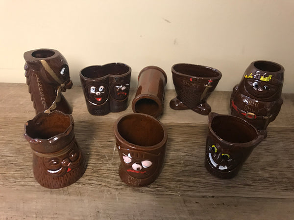 a* Vintage 1950s Barware Ceramic Set of 8 Shot Glasses Jiggers “What’ll Ya Have?”