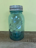 ~ Vintage Ball PERFECT MASON Blue Mason Jar w/ ZINC Lid Stamped "P” Rare