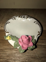 *Vintage Dresden Ring Soap Trinket Keepsake Dish Ceramic Gold Rim Sculpted Roses
