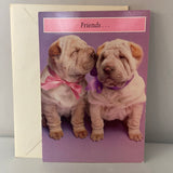 <€€ New “Friends” Greeting Card Dogs Pugs exc!amations