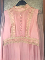 Vintage Womens XSmall Pink Chiffon Dress Lace Formal Prom Long Sheer Sleeves
