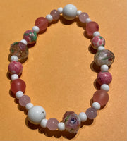 New Pink & White Glass Beads Stretch Beaded Bracelet Gold Spacers for Womens/Teens Yoga