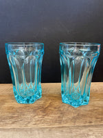 ~€ Vintage Set/6 Ice Blue Depression Glass Water Ice Tea Goblet Tumblers Starburst Bottom
