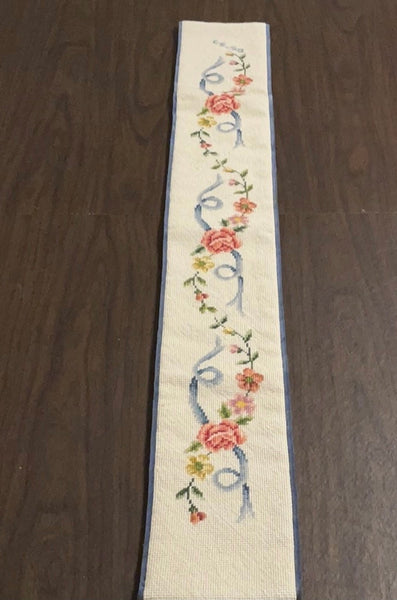 €€ Vintage Needlepoint 45" Table RUNNER Floral Pattern Pink Roses Blue Ribbon Velvet Backing