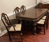 Antique Solid Oak Dining Table 6 Chair Set Built In Leaf Pad Cover Captain Dark Finish