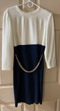 Vintage Womens Sz 12 Large Taurus II Navy & Ivory Long Sleeve Dress Gold Chain