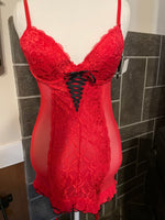 NEW Womens Large HOTKISS Intimates Red Lace Teddy w/Garter Black Lace Up NWT