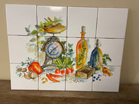 <€€ New 17.25” x 13” Ceramic Tile Pieces Set of 12 Tiles White Kitchen Oils Vegetables Scale