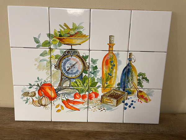 New 17.25” x 13” Ceramic Tile Pieces Set of 12 Tiles White Kitchen Oils Vegetables Scale