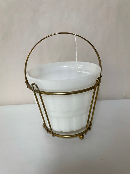 ~ Vintage Milk Glass Vase Planter w/ Brass Basket w/ Handle White 4.75”