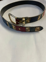 Vintage Womens Medium 37” Belt Harve Benard Holtzman Multicolor Leather Fabric Gold Buckle