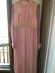 <€€* Vintage Womens XSmall Pink Chiffon Dress Lace Formal Prom Long Sheer Sleeves