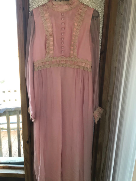 Vintage Womens XSmall Pink Chiffon Dress Lace Formal Prom Long Sheer Sleeves