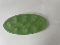 (L) <€€ Antique 1920s Set of 2 Frosted Green Satin Glass Taper Candle Holders and Matching Flower Frog