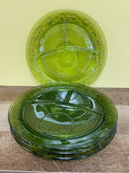 €¥ Vintage Depression Glass Green Divided 10” Dessert Luncheon Plates Etched Flowers Set/4