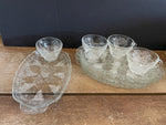 a** Vintage Set/4 Clear Oval Pressed Glass Hostess Luncheon Plates & Cups Grapes & Leaves