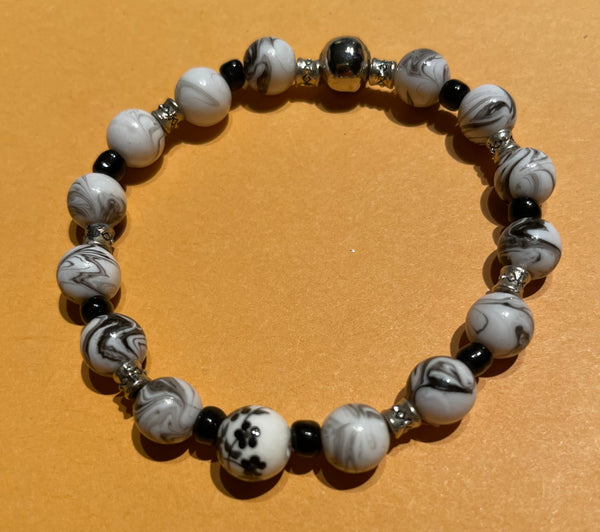 New White, Gray & Black Glass Beads Stretch Beaded Bracelet for Womens/Teens Yoga