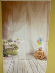 a** New Home Photography Backdrop SPRING Teddy BEAR BALLOONS & FLOWERS Wood Floor Vinyl Photo Studio Prop