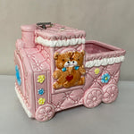 a* Vintage Pink Ceramic Teddy Bear Train Planter Music Box  Nursery Brahms Lullaby LUV Imports