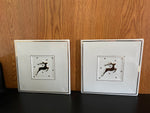 a** Pair/Set of 2 Ceramic Tile Trivet Christmas Flying Reindeer Hot Plate Gold on White