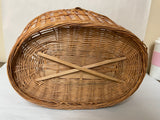 <€€ Oval Wood Woven Rattan Basket w/ Handles Two Tone