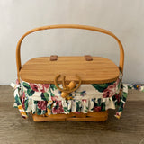 ~ Vintage Longaberger Wood Woven Basket w/ Handle Floral Liner & Lid