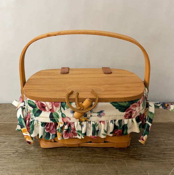 ~ Vintage Longaberger Wood Woven Basket w/ Handle Floral Liner & Lid