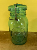~€ Vintage Set/2 Ball Ideal Green Bicentennial Mason Jar Wired Bail w/Glass Lids 76/A-11 75/A-16 Eagle