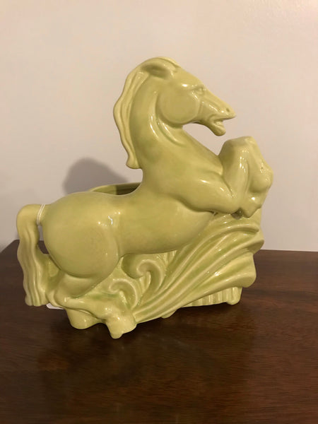 a*€ Vintage PLANTER Stanford Pottery Art Deco Rearing Horse Lime Green MCM