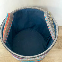 a** Round Boho Hippie Indian Ikat Weave Basket Lined w/ Handles Multi Colored 11.5”