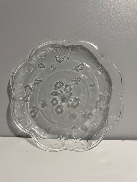 (L) <€€ Vintage Pressed Glass 10” Plate Platter Serving Tray Flower Design w/ Scalloped Edge