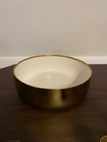 <€€ Gold Bowl Planter with White Enamel Interior 12” x 4”