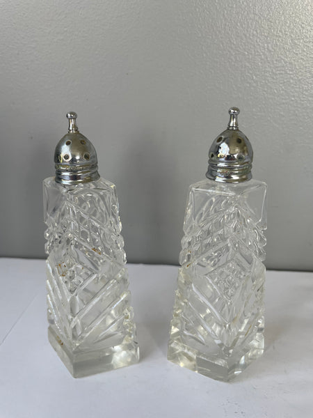 a** Vintage Cut Glass 5” H Salt & Pepper Shaker Set Silver Lids