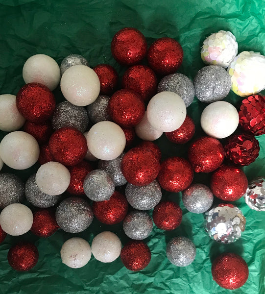 *Vintage Red White Silver Glitter Sequin Mini Christmas Holiday Ornament Lot/58