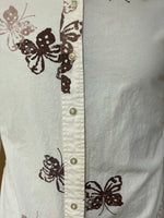 ~ Vintage Womens Juniors Sz 13-14 Cotton Long Sleeve Button Down Top Ivory/Brown Butterfly