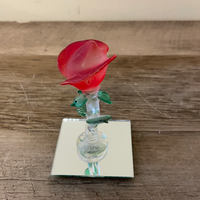 ~ Vintage Blown Glass Red ROSE on Stem on Glass Plate ORNAMENTS Mini 3” Tall