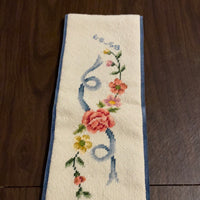 €€ Vintage Needlepoint 45" Table RUNNER Floral Pattern Pink Roses Blue Ribbon Velvet Backing