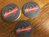 a* Vintage Budweiser 4-15 oz Glass Mugs with 15 Coasters