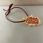 <€€ Merry Christmas Holly Leaf Ceramic Gift Tag Holiday Ornament on Leather String