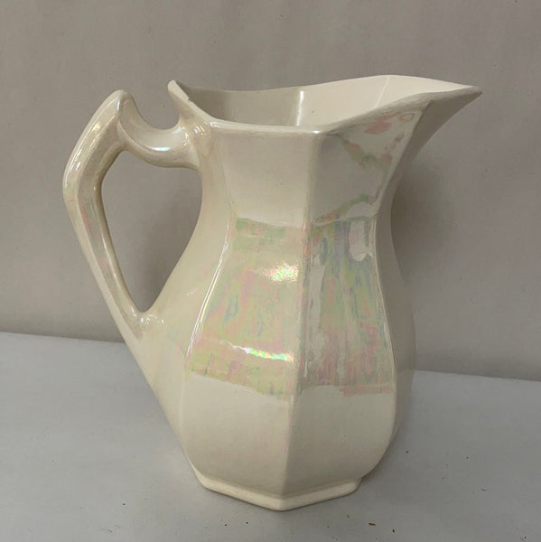 a** Vintage Medium White Iridescent Pitcher Vase Glazed Pottery Country Farm