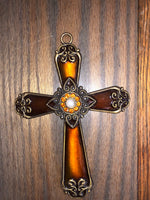 ~€ Ornate Cross Ornament Bronze Metal 6.5” Gold Rhinestones Christmas Holiday Decor