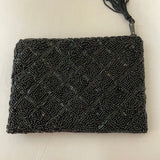 a** LANCOME Small Black Beaded Evening Bag Purse Lined w/ Tassel Clutch Formal