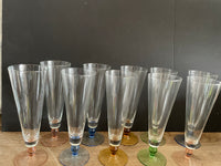 a** Set of 10 Crystal Glass Pedestal Barware 9” Flutes Glasses Goblets Pink Blue Green Gold Bases