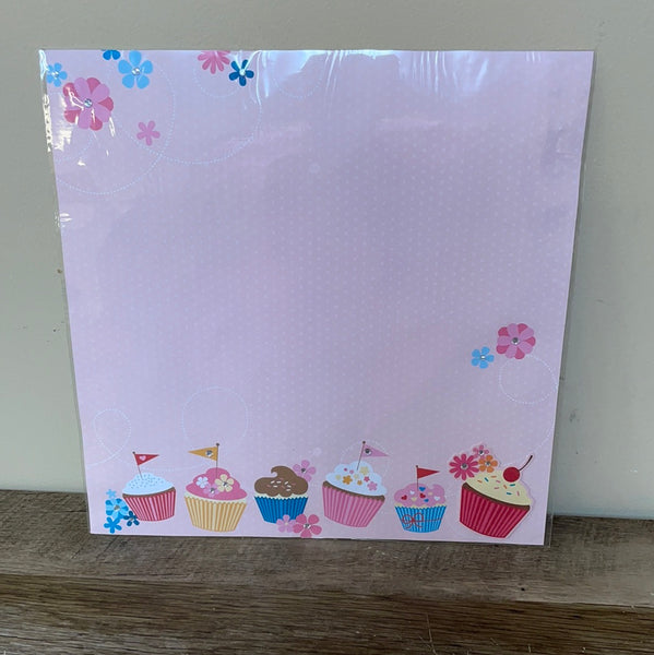 *Single 12x12 RECOLLECTIONS 219026 PINK CUPCAKES w/ Jewels Scrapbook Paper
