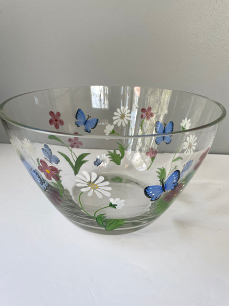 ~€ Vintage Lenox Glass Serving Bowl Hand Painted Flowers Butterfly Garden Meadow 9” Diameter