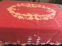 VINTAGE Sheer Netting Lace Table Cloth Cover Ivory Ecru Flower Appliqués