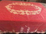 a** VINTAGE Sheer Netting Lace Table Cloth Cover Ivory Ecru Flower Appliqués