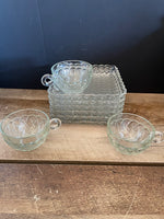 a** Vintage Clear Square Pressed Glass Hostess Luncheon Plates & Cups 6 Plates/3 Cups