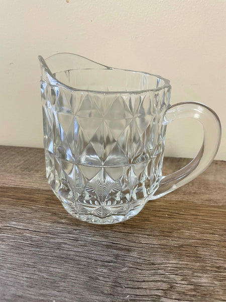 a** Vintage Small Clear Cross Glass Cut Diamonds Handled 5” Pitcher Creamer