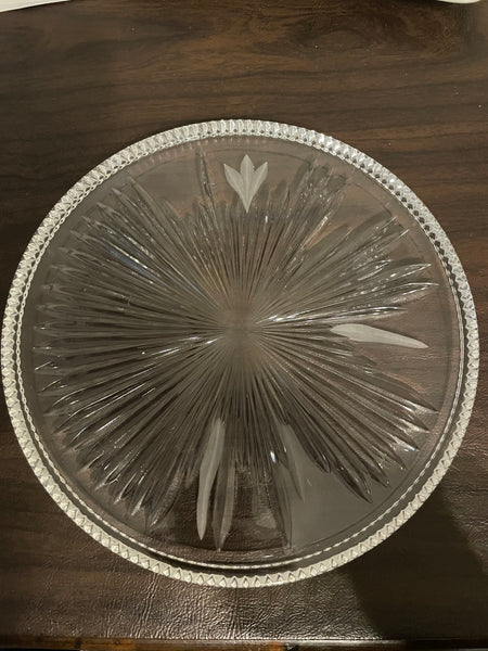 <€€ Vintage Pressed Glass Cake Dessert Serving Plate Platter Etched Starburst Heavy